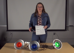 image of person with red blue and green flood lights in front of them